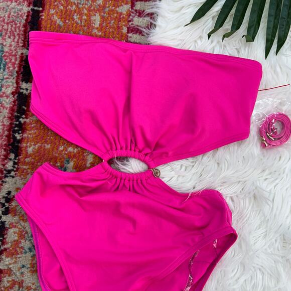 Michael Kors Pink Padded Cut Out Charm Strapless One Piece Swimsuit 8 Summer - Picture 3 of 7